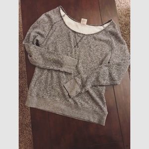 Dark grey off the shoulder sweater.  ♡